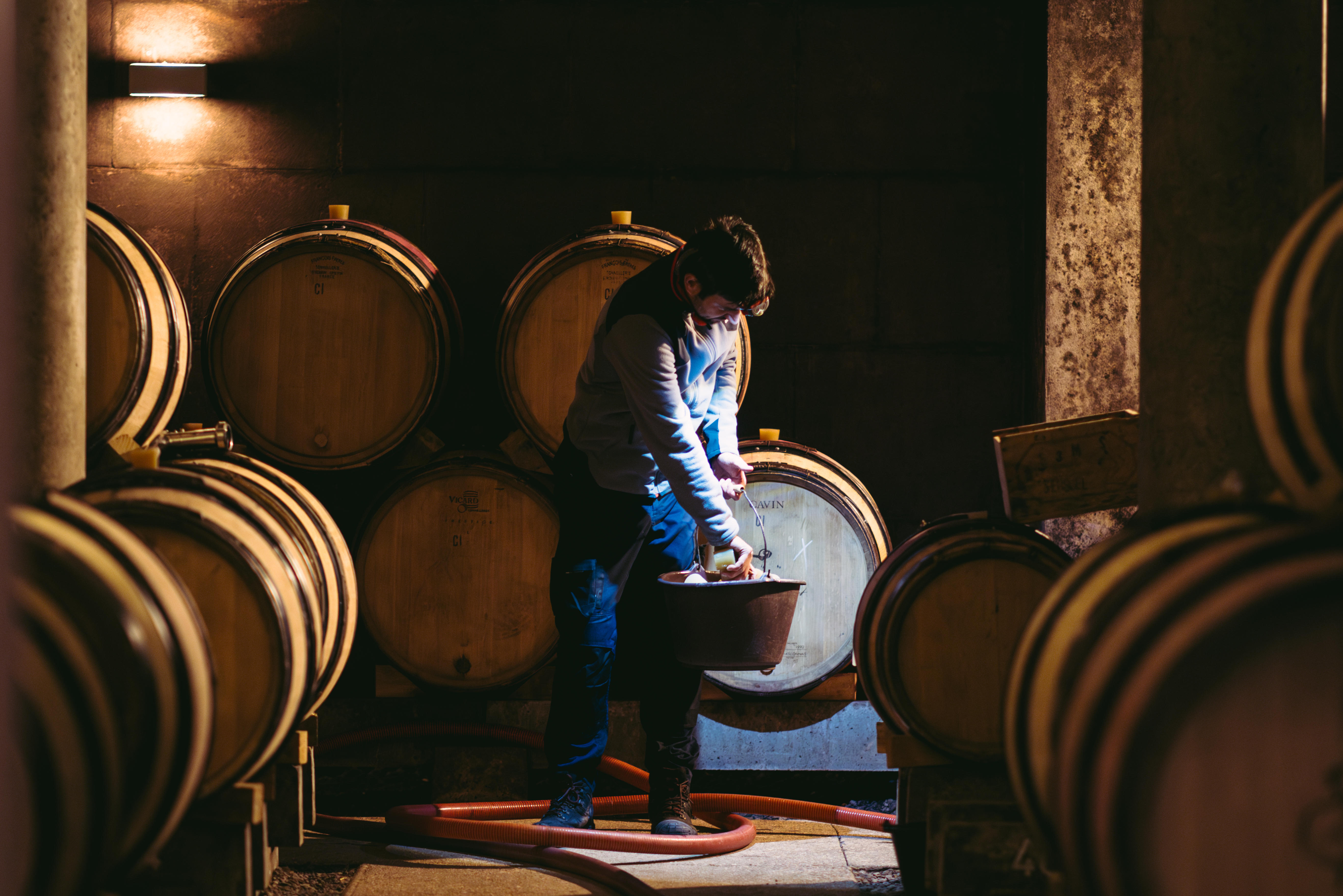 A vigneron working in the barrel-lined cellars of Domaine Méo-Camuzet