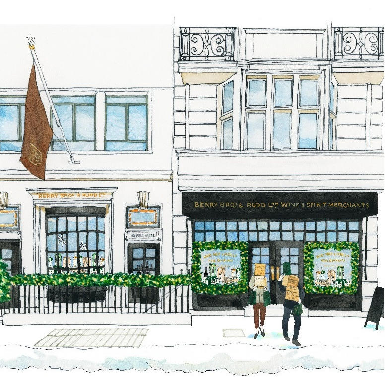 Illustration of Berry Bros. & Rudd shopfront in London decorated for Christmas, with green garlands around the windows and two people carrying boxes outside on a snowy pavement.