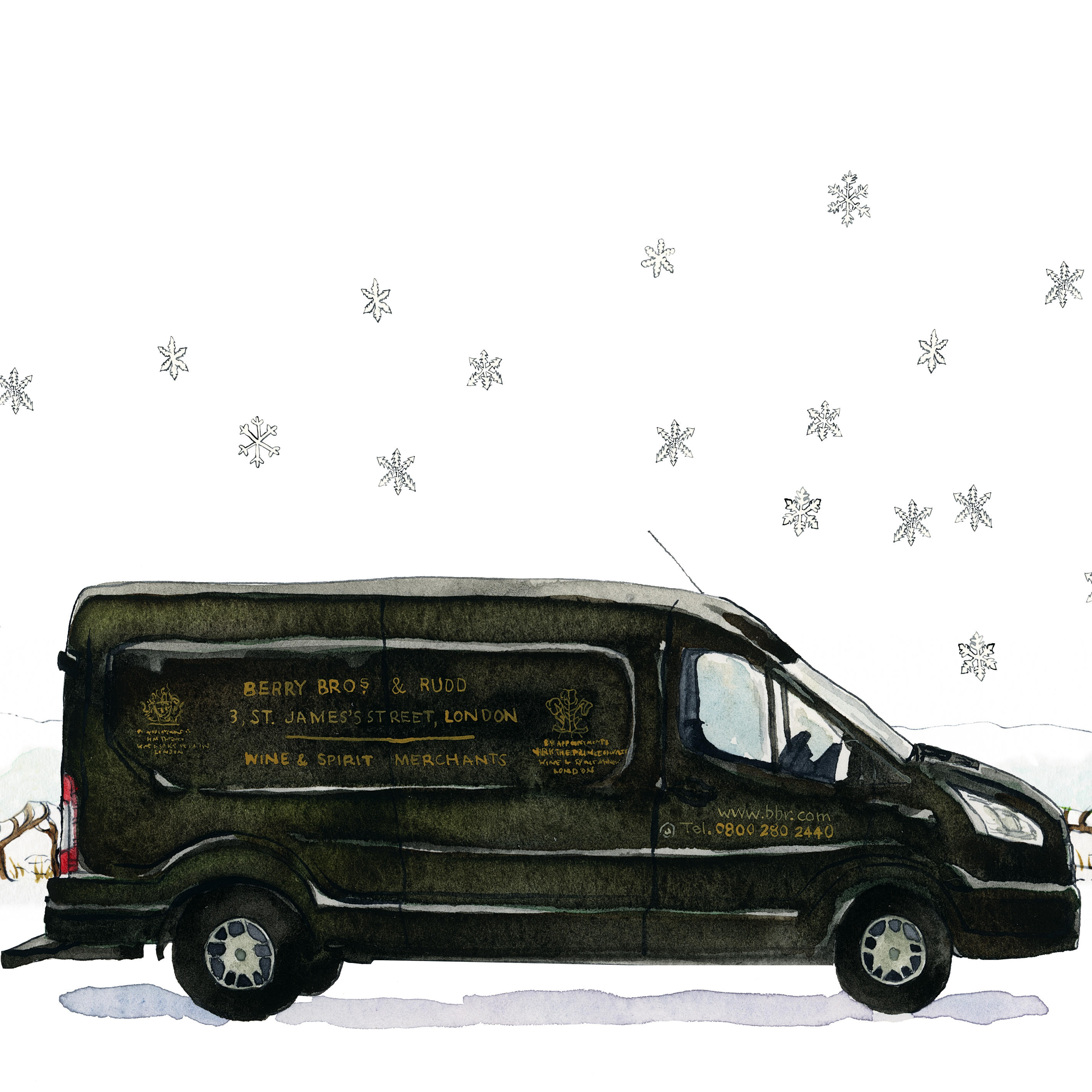 Illustration of a dark green Berry Bros. & Rudd delivery van parked in a snowy landscape, with snowflakes falling against a white background. The van displays gold lettering with the company name, address, and contact details.