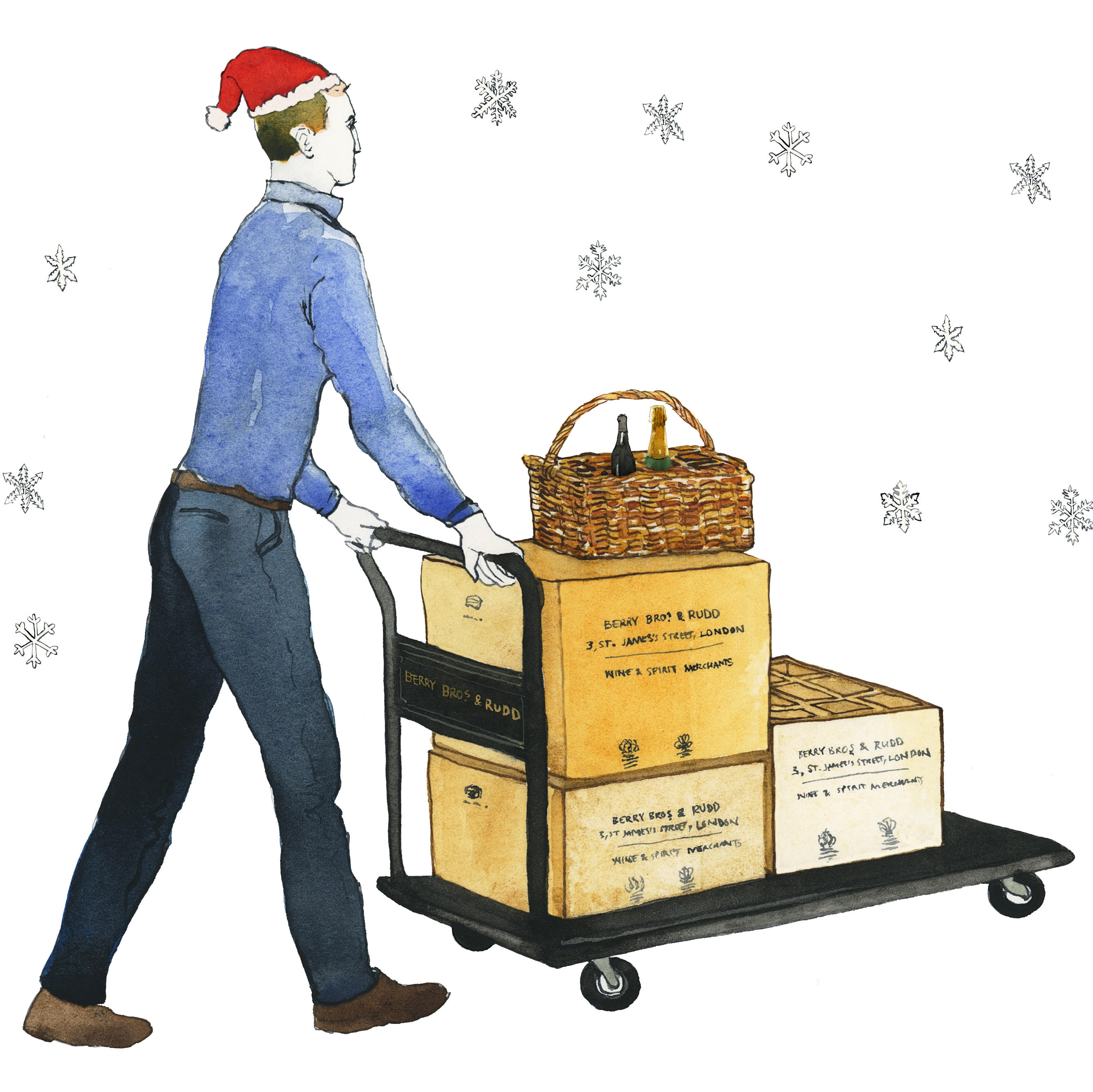 Illustration of a person wearing a red Santa hat pushing a trolley stacked with Berry Bros. & Rudd boxes and a wicker basket containing bottles, with snowflakes falling in the background.